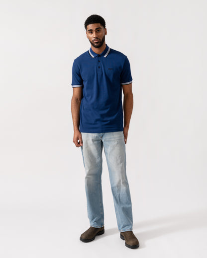 Model wearing BOSS Green Mens Paddy Cotton-Piqué Polo Shirt with Contrast Logo in Navy 419 - Full Length