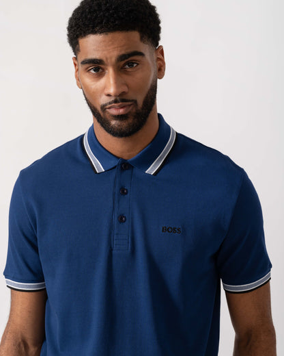 Model wearing BOSS Green Mens Paddy Cotton-Piqué Polo Shirt with Contrast Logo in Navy 419 - Detail