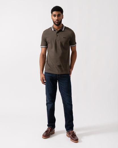 Model wearing BOSS Green Mens Paddy Cotton-Piqué Polo Shirt with Contrast Logo in Open Beige 297 - Full length