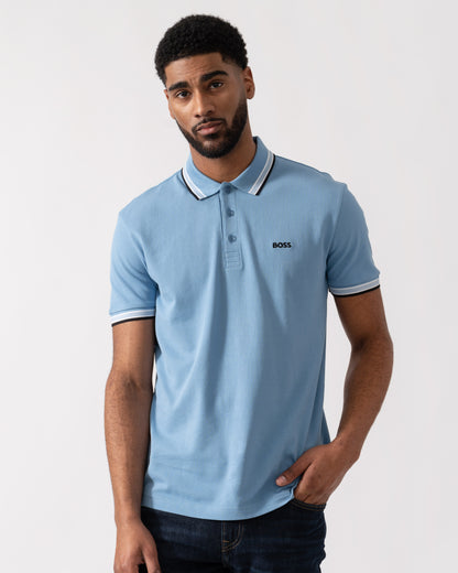 Model wearing BOSS Green Mens Paddy Cotton-Piqué Polo Shirt with Contrast Logo in Open Blue 469 - main