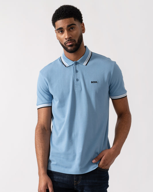 Model wearing BOSS Green Mens Paddy Cotton-Piqué Polo Shirt with Contrast Logo in Open Blue 469 - main