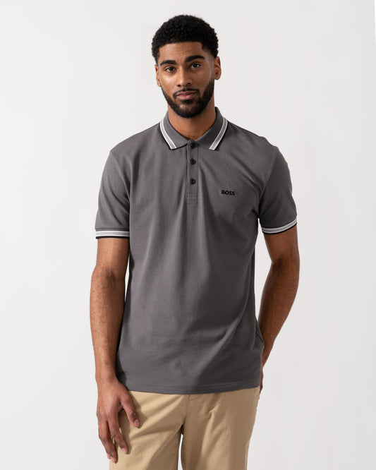 Model wearing BOSS Green Mens Paddy Cotton-Piqué Polo Shirt with Contrast Logo in Open Grey 071 - Main