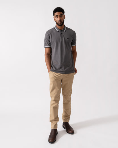 Model wearing BOSS Green Mens Paddy Cotton-Piqué Polo Shirt with Contrast Logo in Open Grey 071 - full length