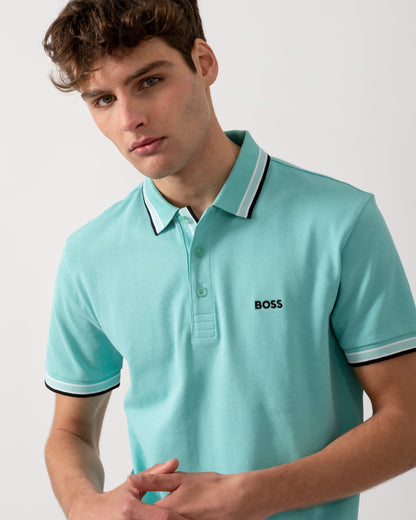 BOSS Green Paddy Mens Cotton-Piqué Polo Shirt with Contrast Logo - Turquoise 255