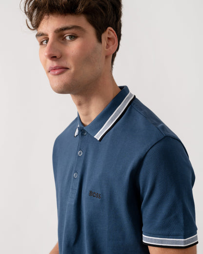 BOSS Green Paddy Mens Cotton-Piqué Polo Shirt with Contrast Logo - Medium Blue 425