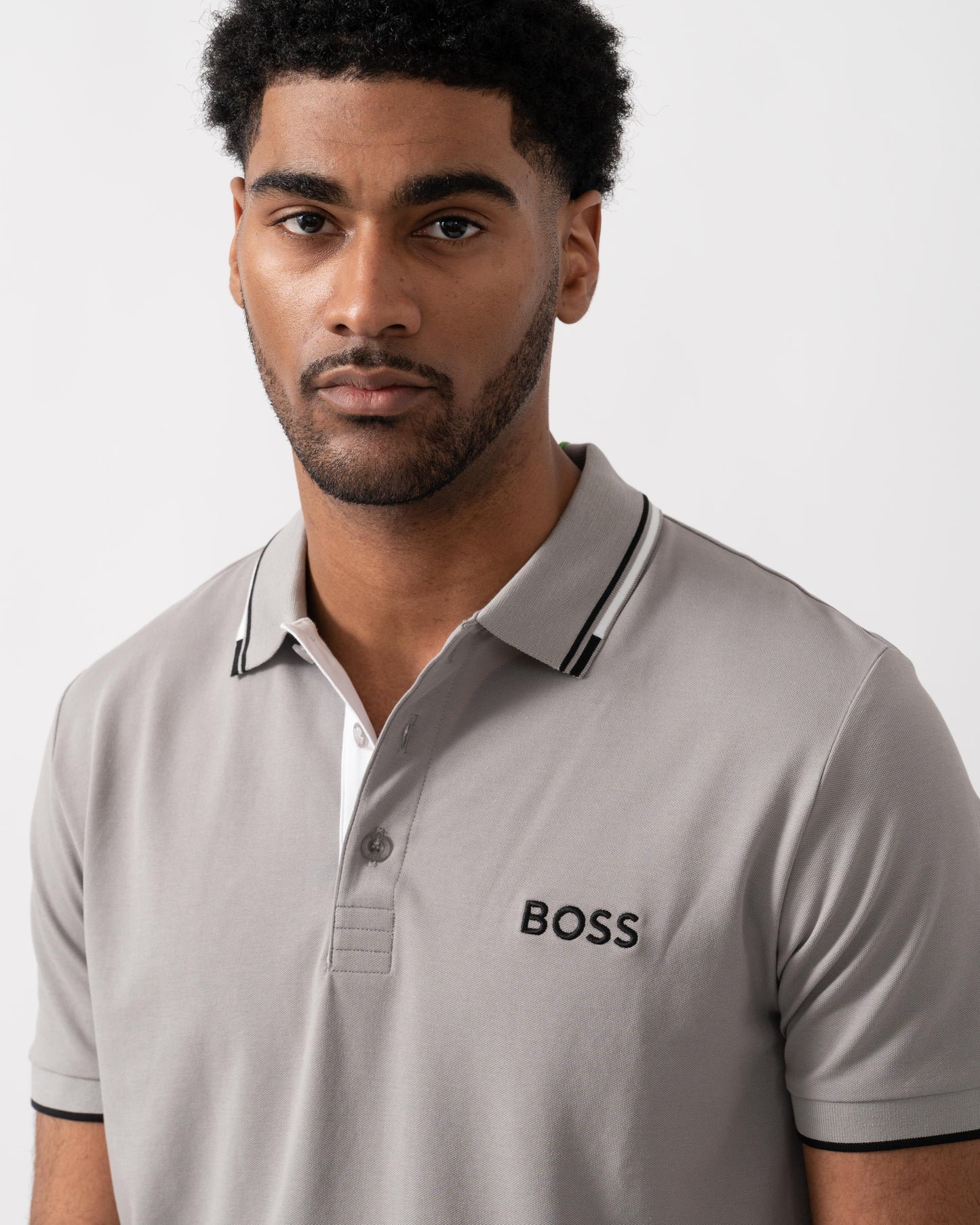 BOSS Green Paddy Pro Mens Cotton Blend Polo Shirt With Contrast Logos - Silver 042