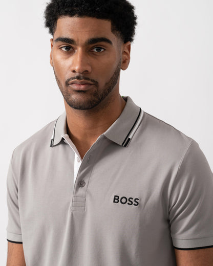 BOSS Green Paddy Pro Mens Cotton Blend Polo Shirt With Contrast Logos - Silver 042