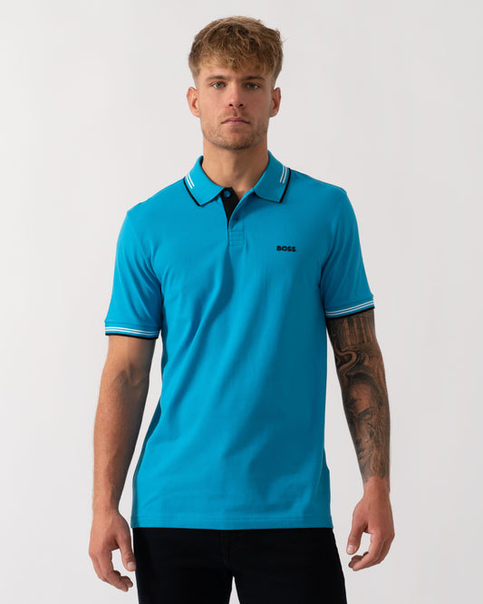 BOSS Green Paul Mens Short Sleeve Polo Shirt With Contrast Tipping - Turquoise/Aqua 443
