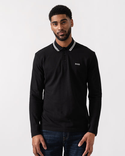 Model wearing BOSS Green Mens Plisy Long Sleeve Polo Shirt in Black 001 - Main