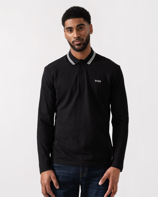 Model wearing BOSS Green Mens Plisy Long Sleeve Polo Shirt in Black 001 - Main