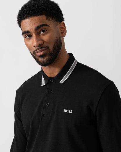 Model wearing BOSS Green Mens Plisy Long Sleeve Polo Shirt in Black 001 - detail