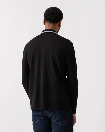 Model wearing BOSS Green Mens Plisy Long Sleeve Polo Shirt in Black 001 - back