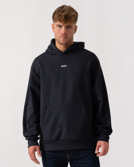 Model wearing BOSS Green Sly Zone Mens Pullover Hoodie in Dark Blue 403 - Main