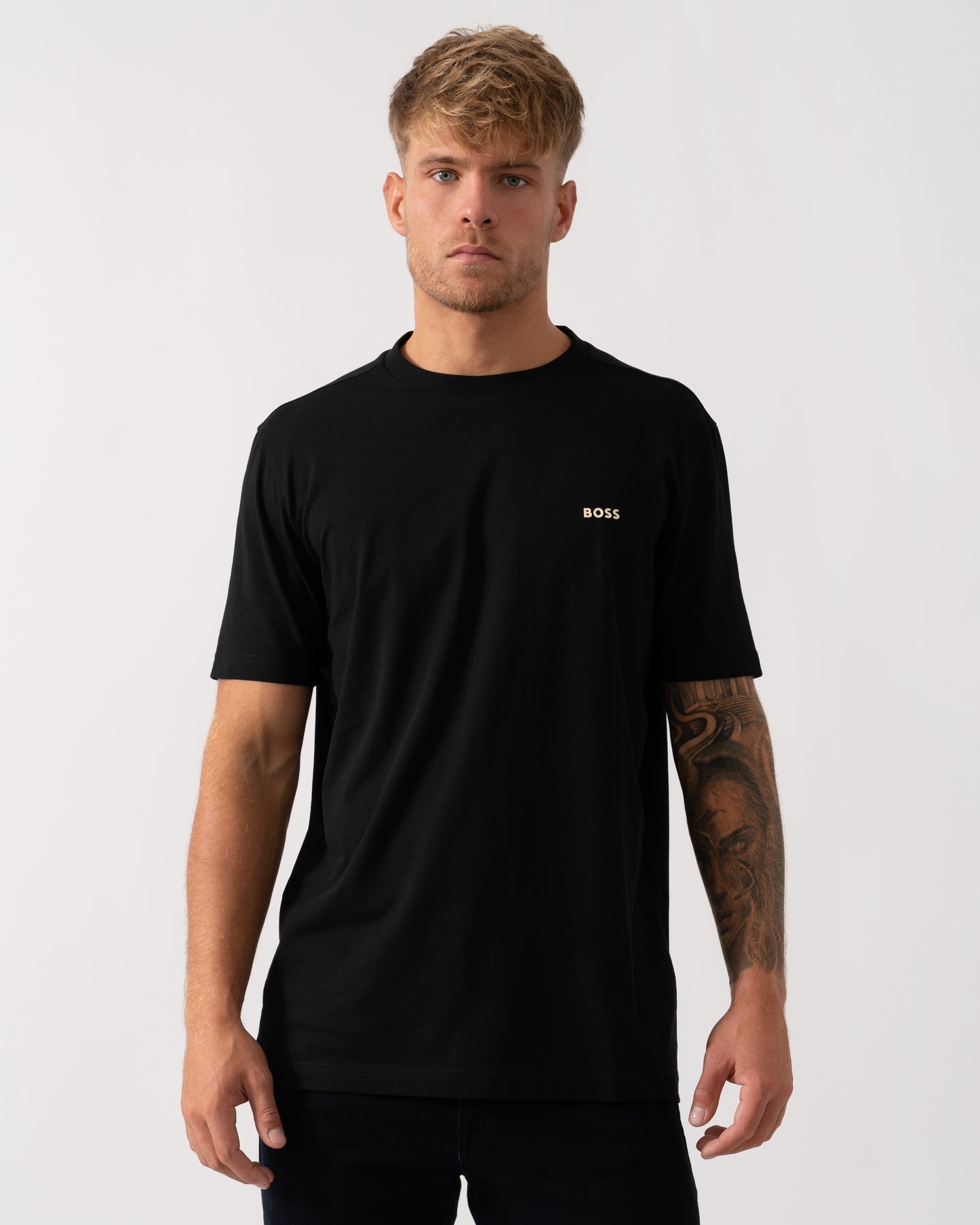 BOSS Green Tee Mens Stretch Cotton T-Shirt with Contrast Logo - Black 009