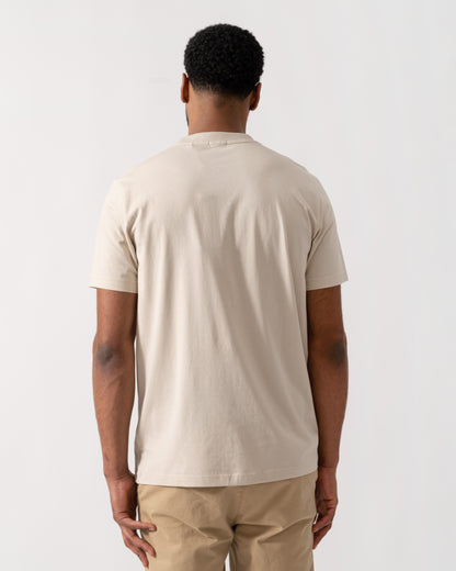 Model wearing BOSS Green Mens Tee Stretch Cotton T-Shirt with Contrast Logo in Light Beige 275 -  back