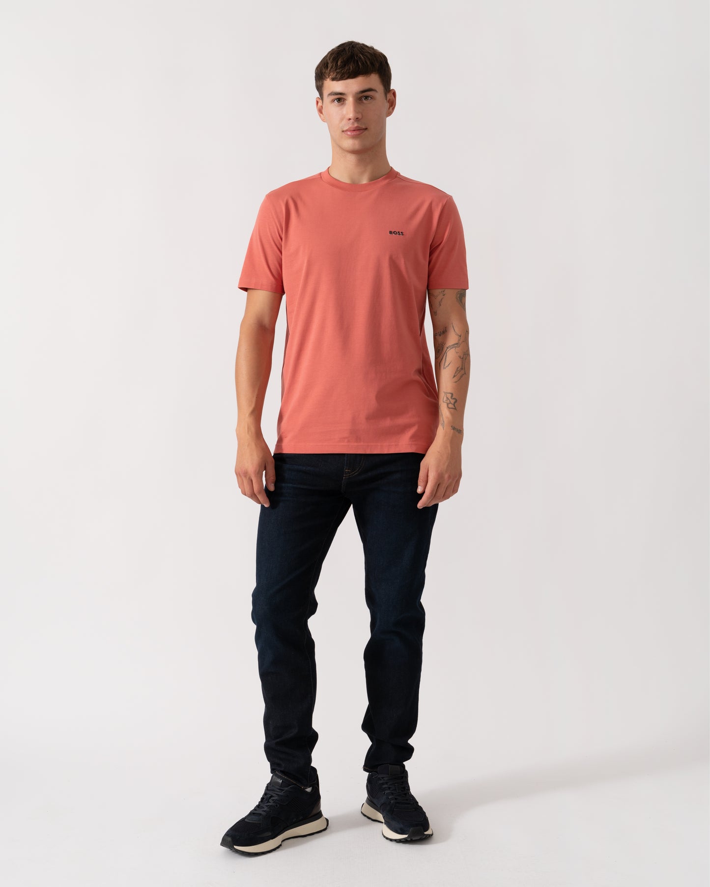 BOSS Green Tee Mens Stretch Cotton T-Shirt with Contrast Logo - Medium Pink 667