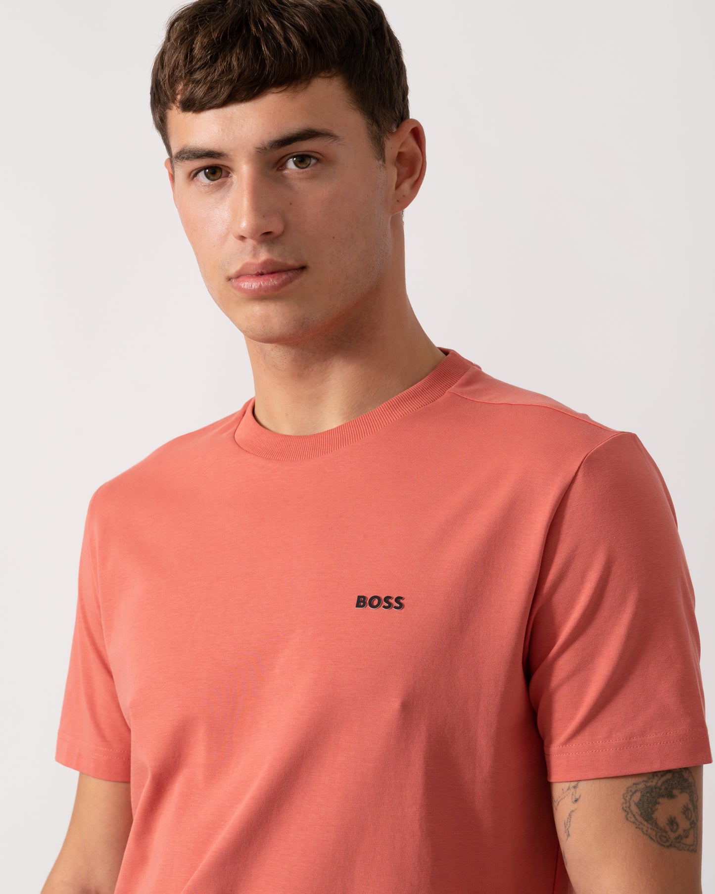 BOSS Green Tee Mens Stretch Cotton T-Shirt with Contrast Logo - Medium Pink 667