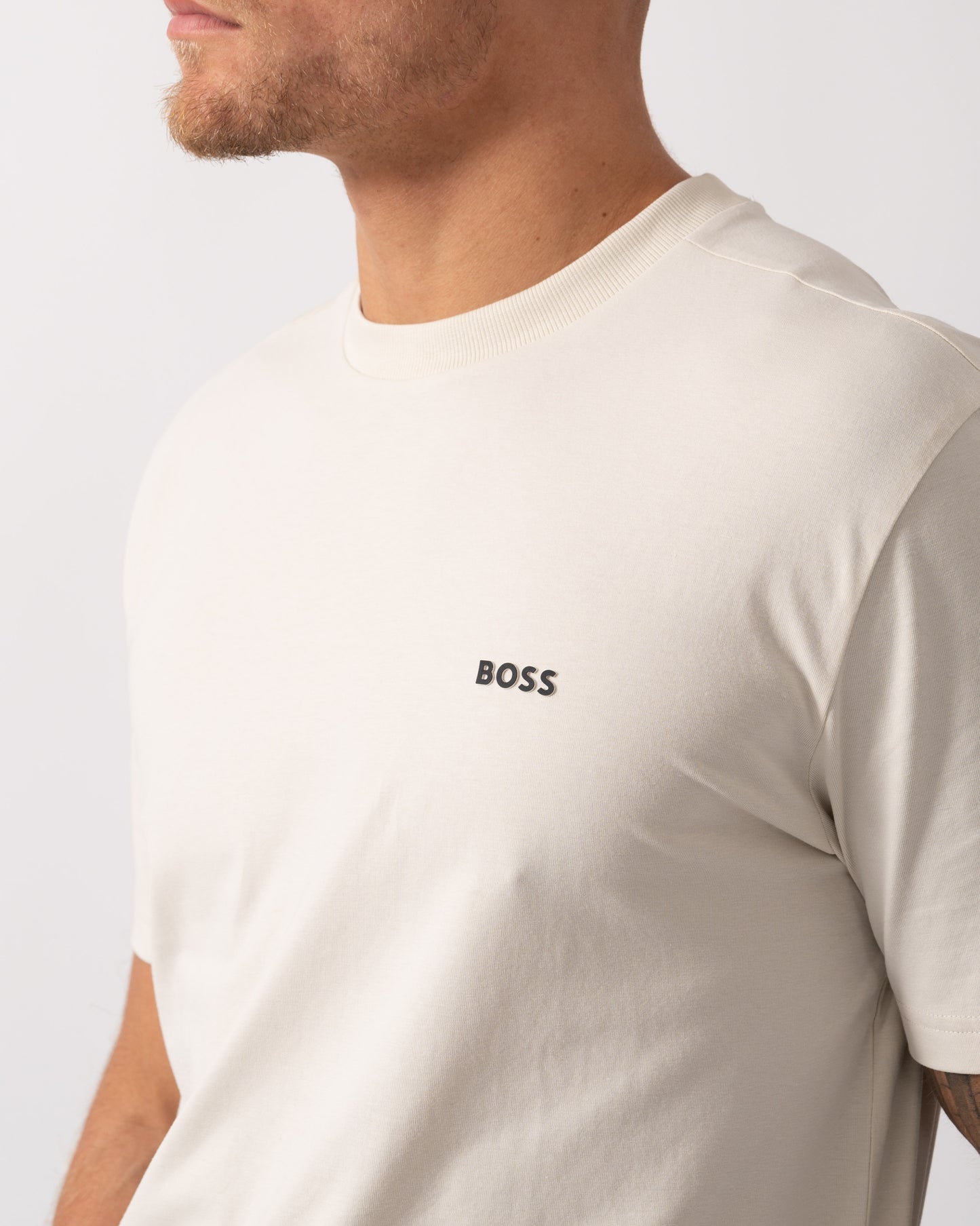 BOSS Green Tee Mens Stretch Cotton T-Shirt with Contrast Logo - Open White 131