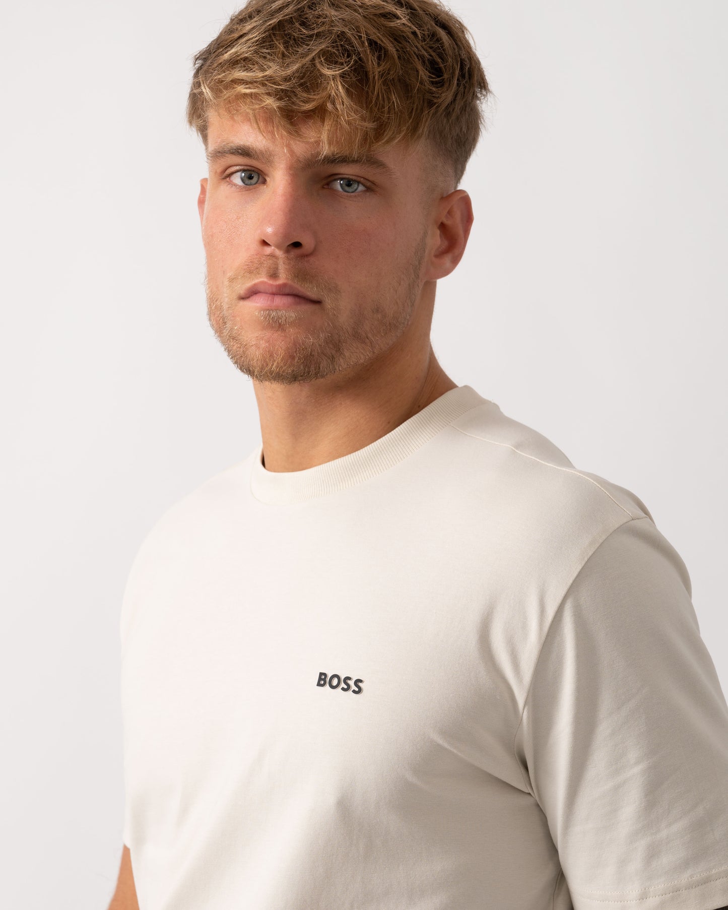 BOSS Green Tee Mens Stretch Cotton T-Shirt with Contrast Logo - Open White 131