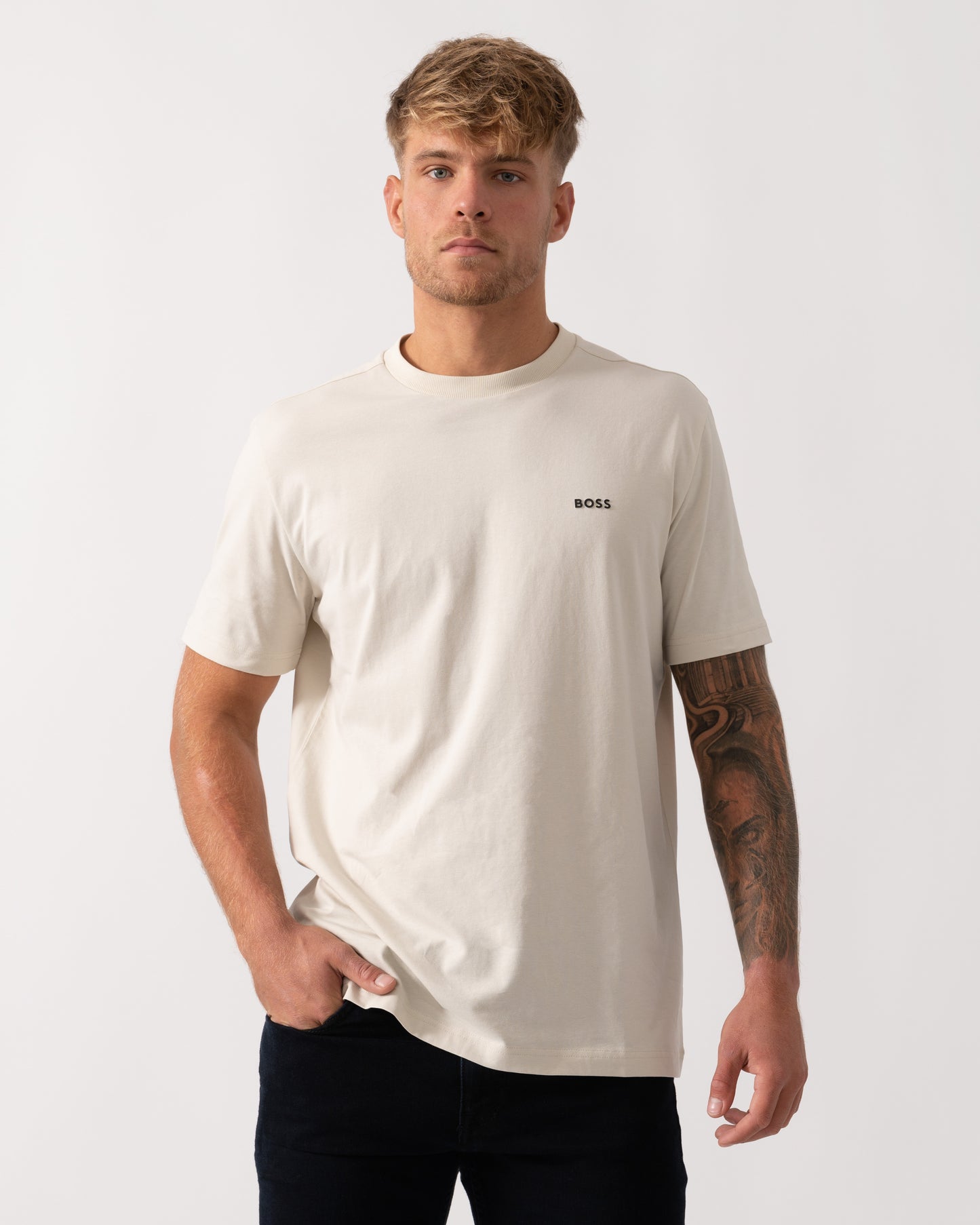 BOSS Green Tee Mens Stretch Cotton T-Shirt with Contrast Logo - Open White 131