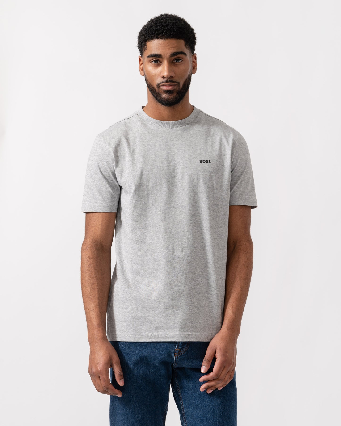 Model wearing BOSS Green Mens Tee Stretch Cotton T-Shirt with Contrast Logo in Silver 043 - Main