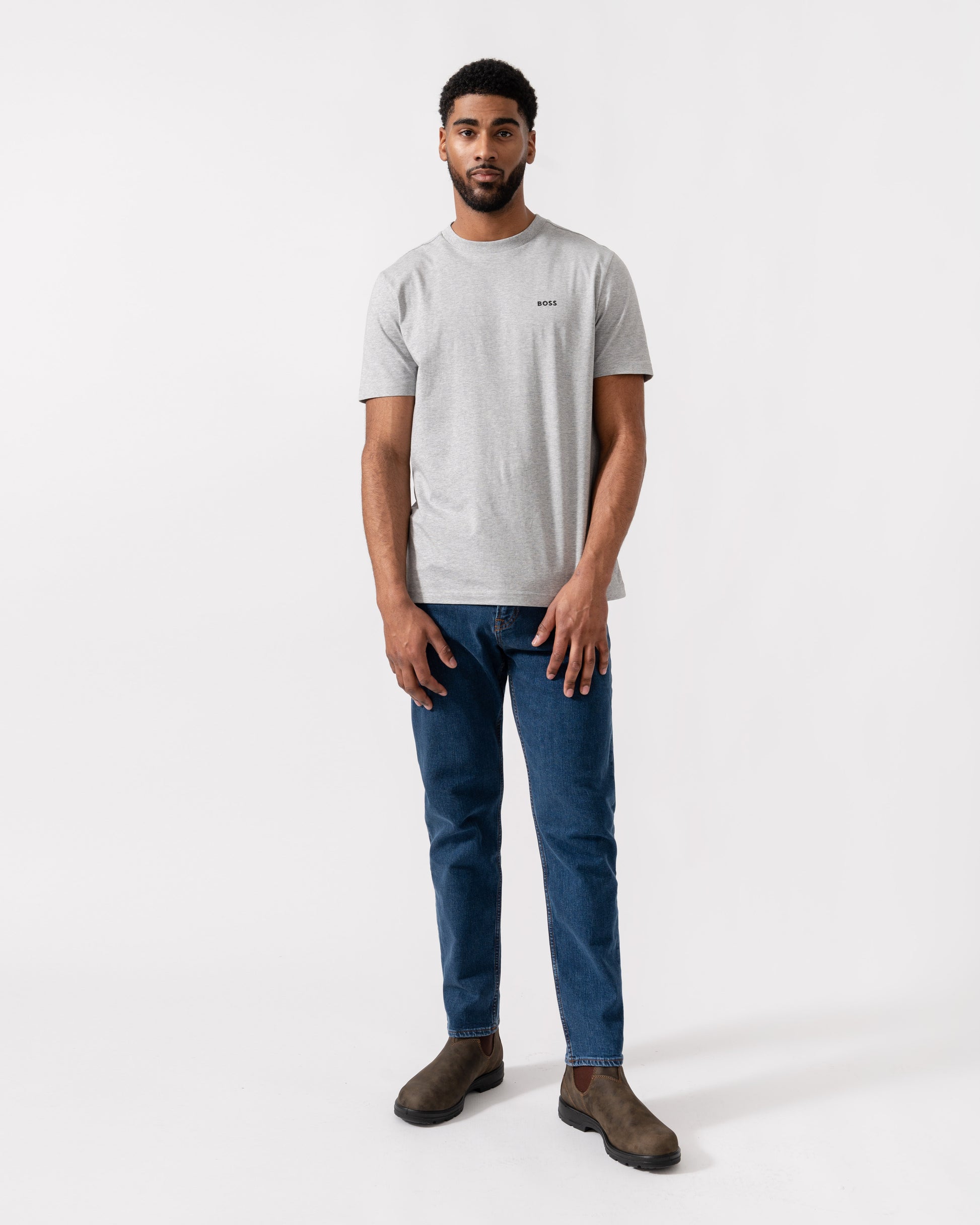 Model wearing BOSS Green Mens Tee Stretch Cotton T-Shirt with Contrast Logo in Silver 043 - Full Length