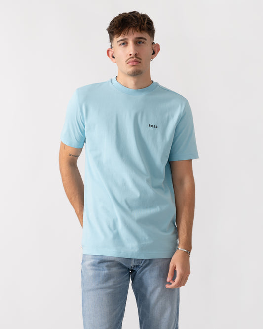 BOSS Green Tee Mens Stretch Cotton T-Shirt with Contrast Logo - Light/Pastel Blue 455