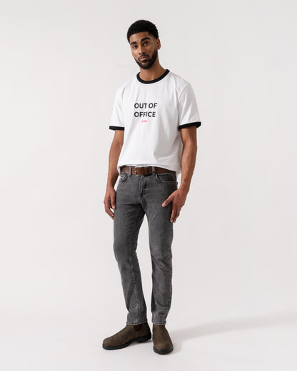 Model wearing BOSS Orange Washed Delaware Jeans in Dark Grey 022 - full length