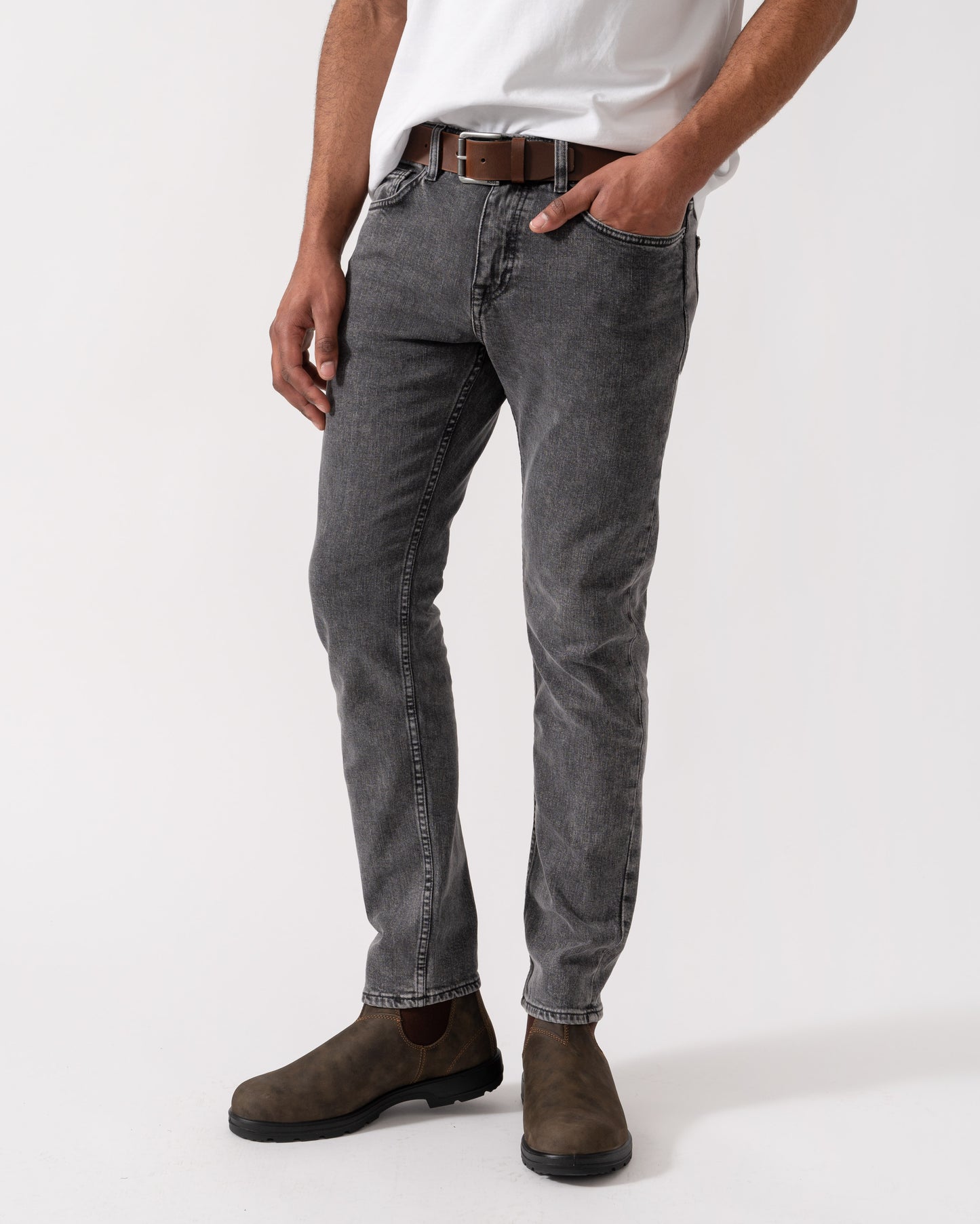 Model wearing BOSS Orange Washed Delaware Jeans in Dark Grey 022 - Main
