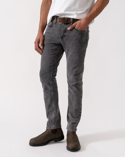 Model wearing BOSS Orange Washed Delaware Jeans in Dark Grey 022 - Main