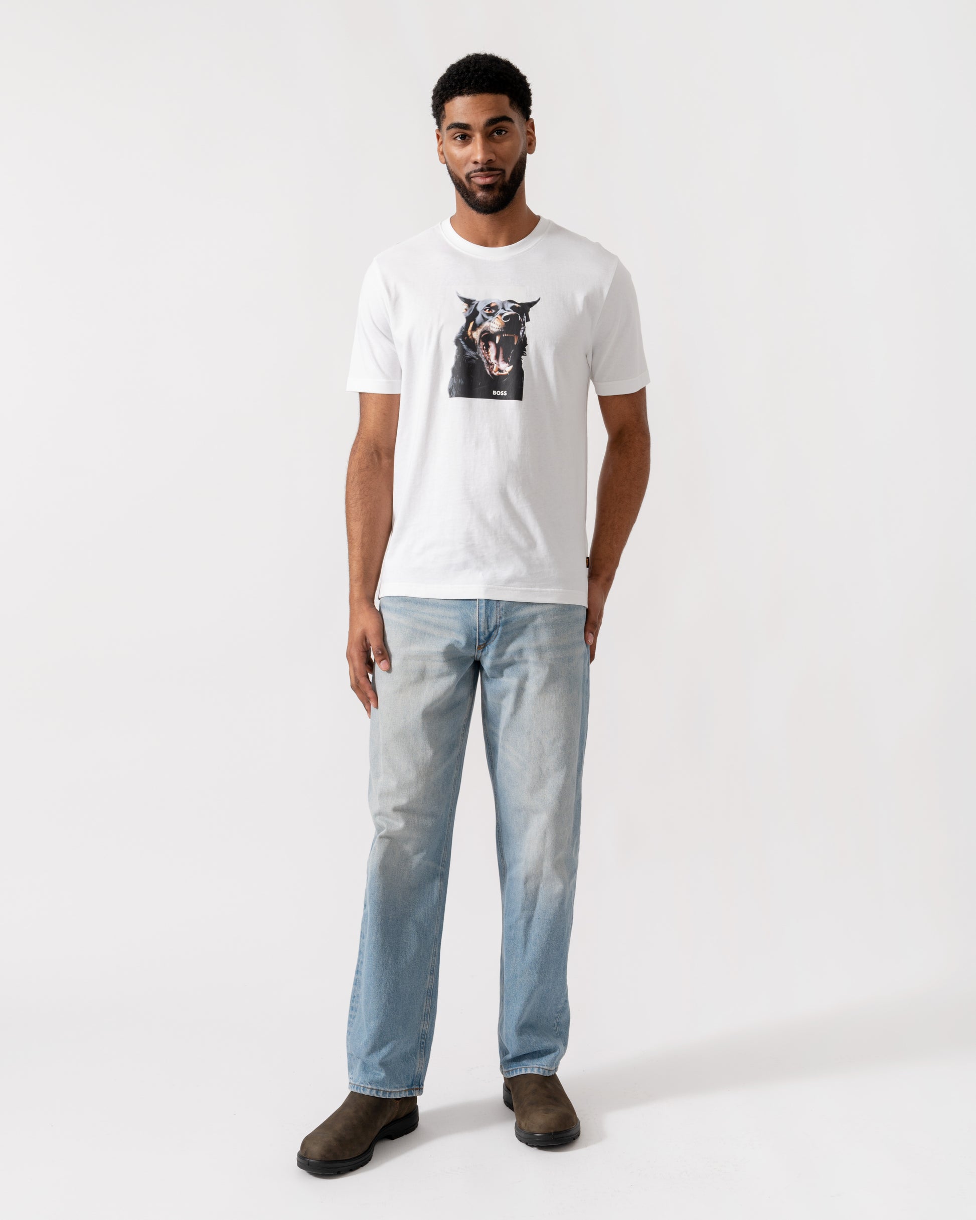 Model wearing BOSS Orange Dobermann Graphic T-Shirt in White 100 - Full Length