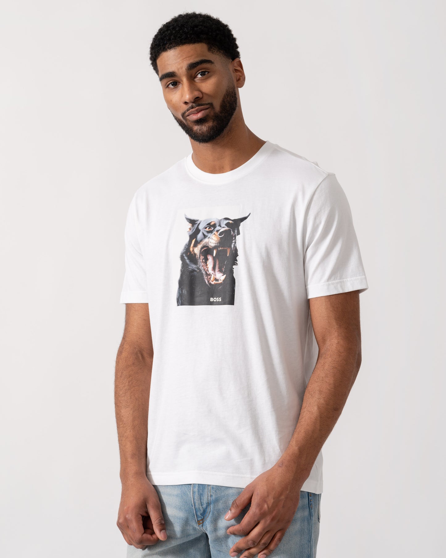 Model wearing BOSS Orange Dobermann Graphic T-Shirt in White 100 - Main