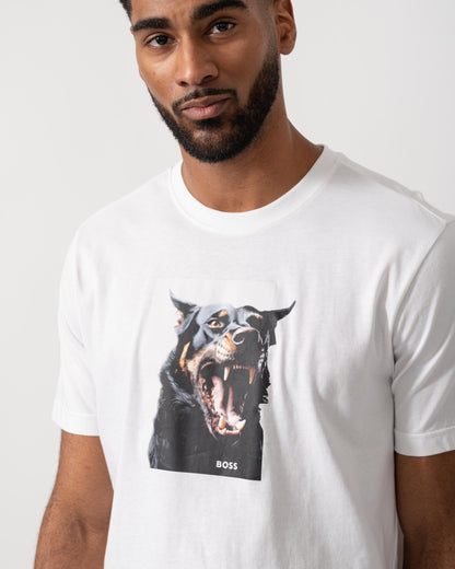 Model wearing BOSS Orange Dobermann Graphic T-Shirt in White 100 - Detail