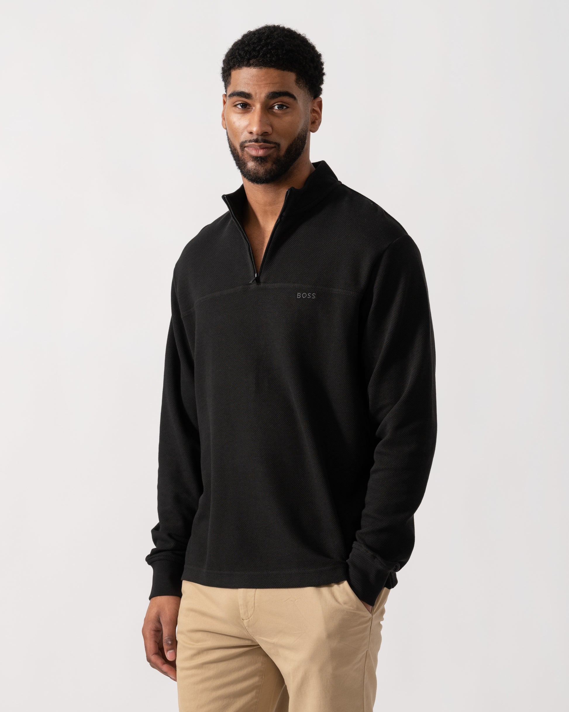 Model wearing BOSS Orange Hive Mens 1/4 Zip Sweatshirt in Black 001 - Main