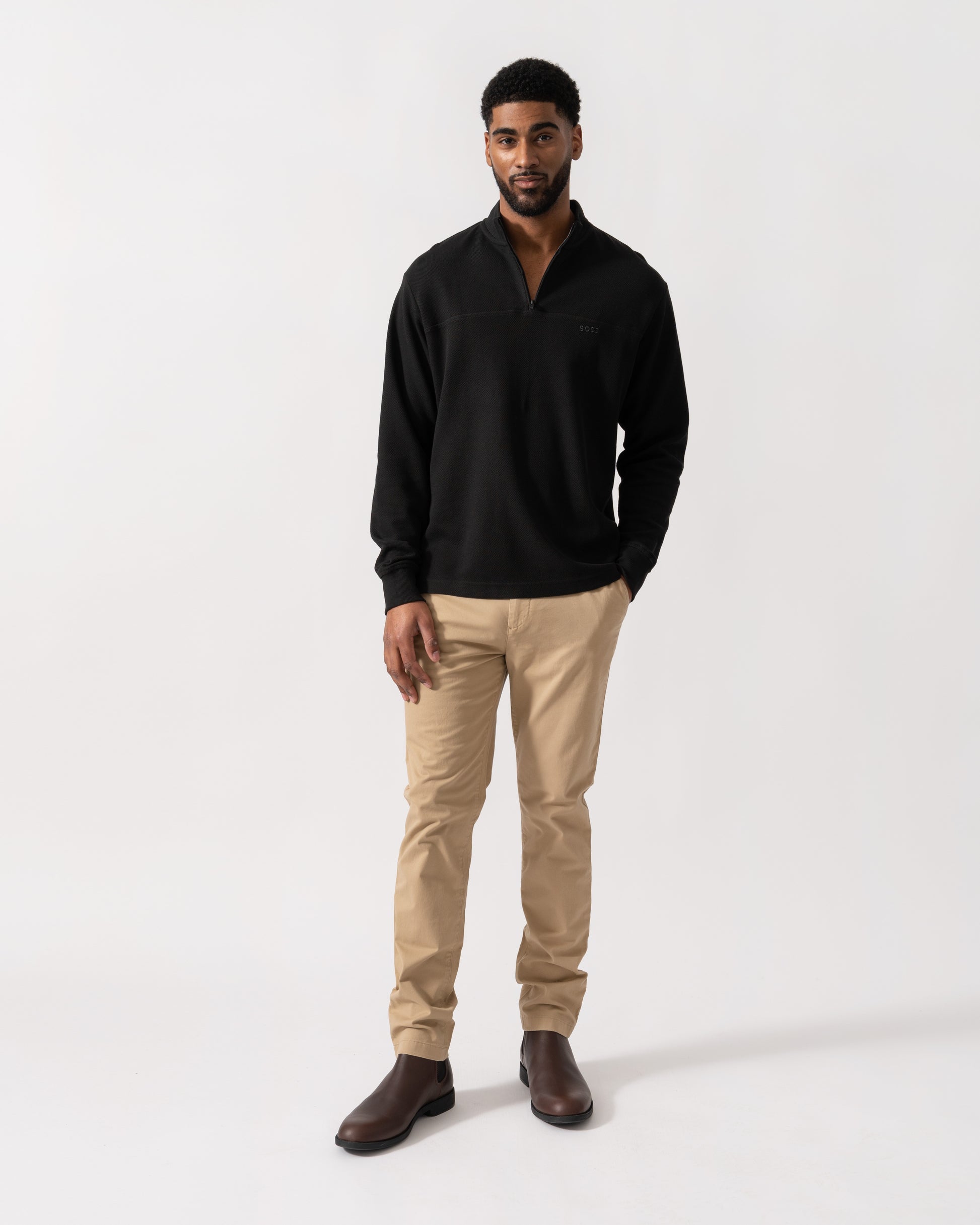 Model wearing BOSS Orange Hive Mens 1/4 Zip Sweatshirt in Black 001 - full length