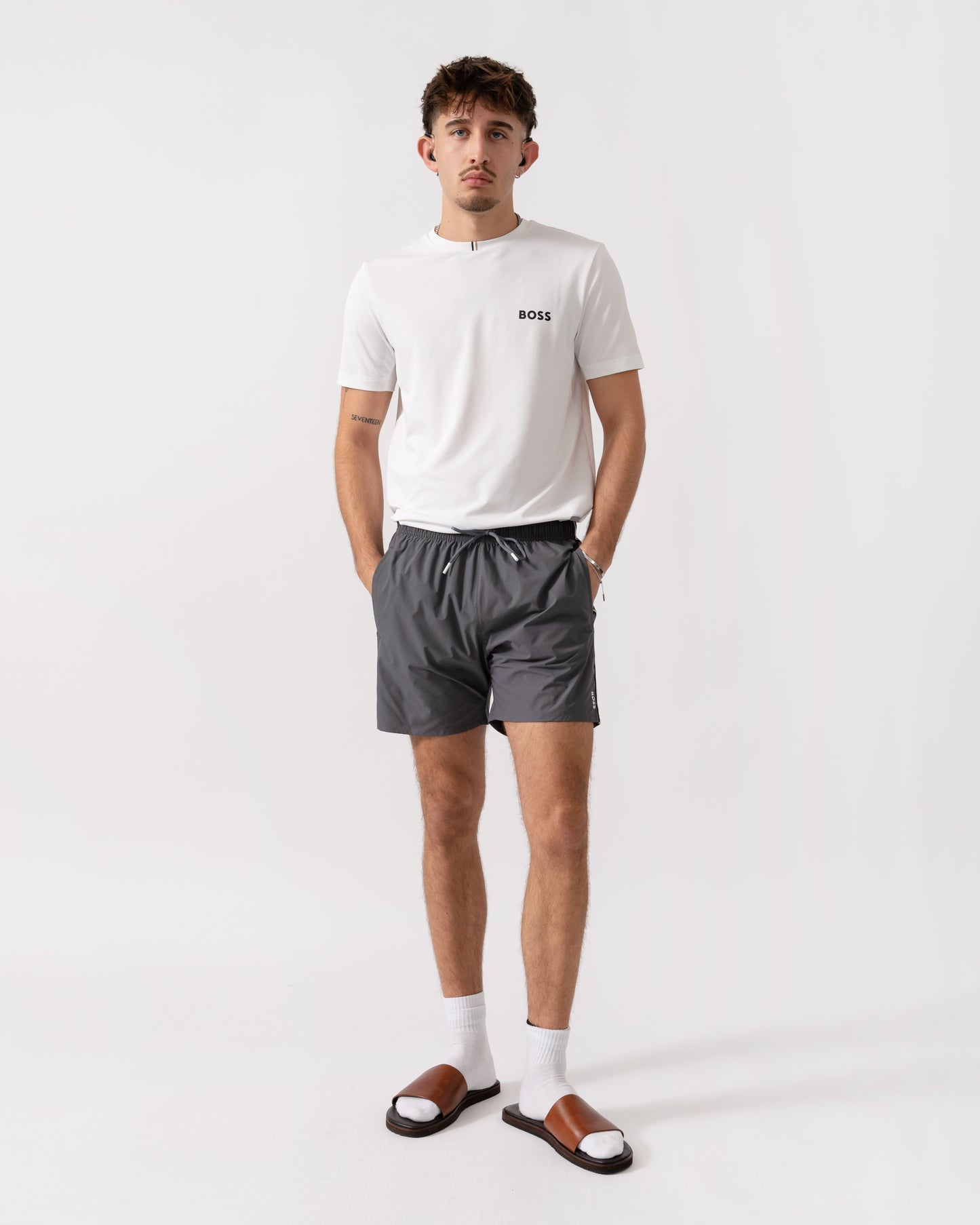 BOSS Orange Iconic Mens Swim Shorts - Dark Grey 025 full length