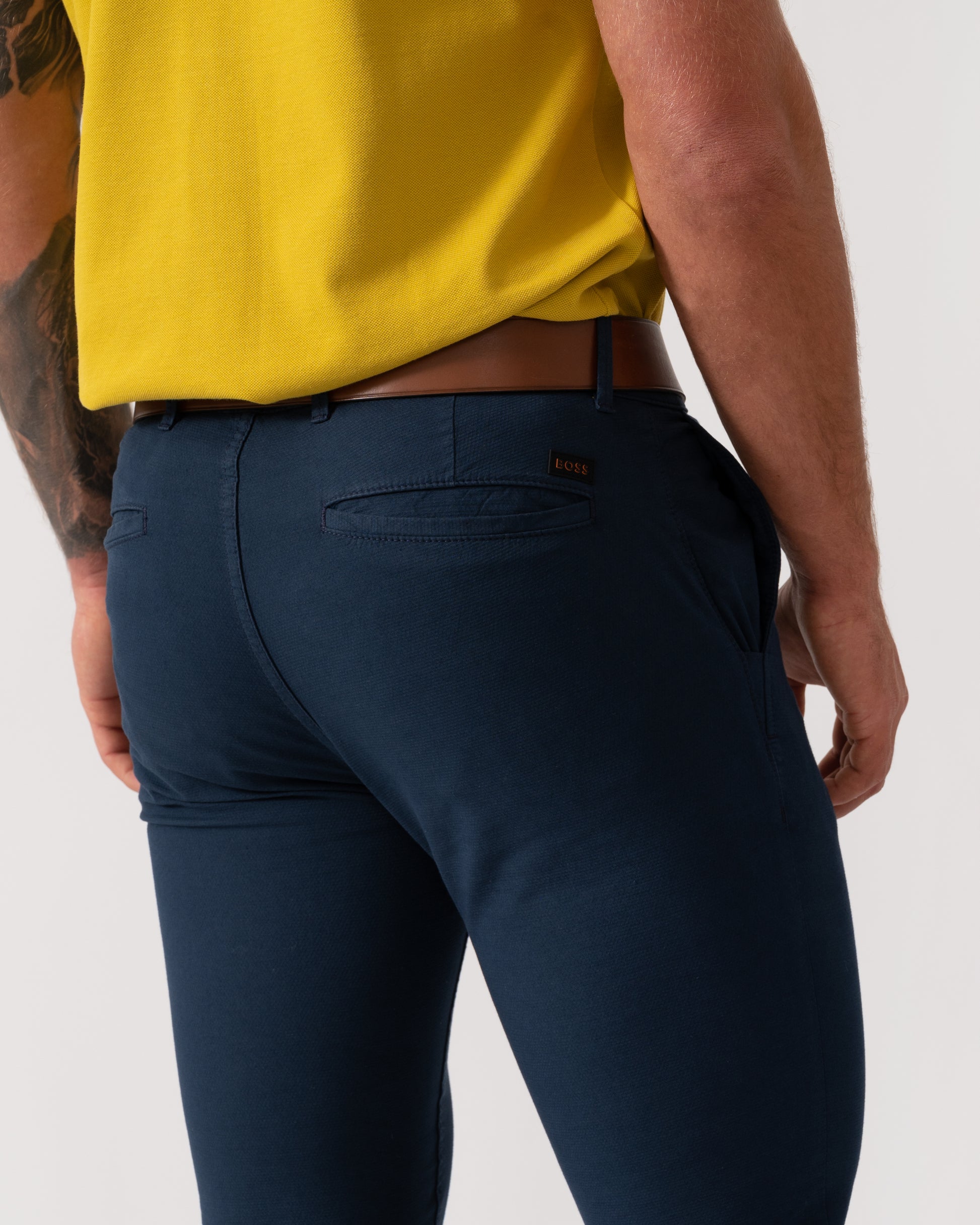 BOSS Orange Slim Fit Textured Chinos - Open Blue 464 - Close up pocket detail