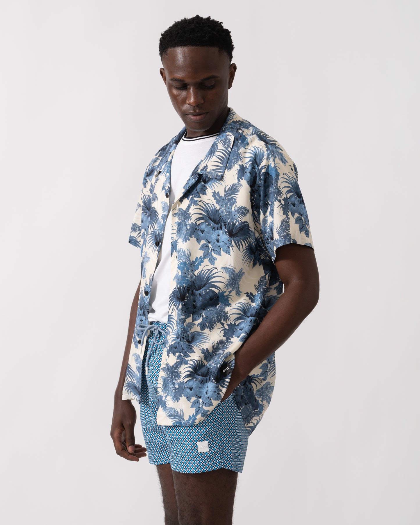 BOSS Orange Mens Short Sleeve Floral Print Beach Shirt - Open Blue 483
