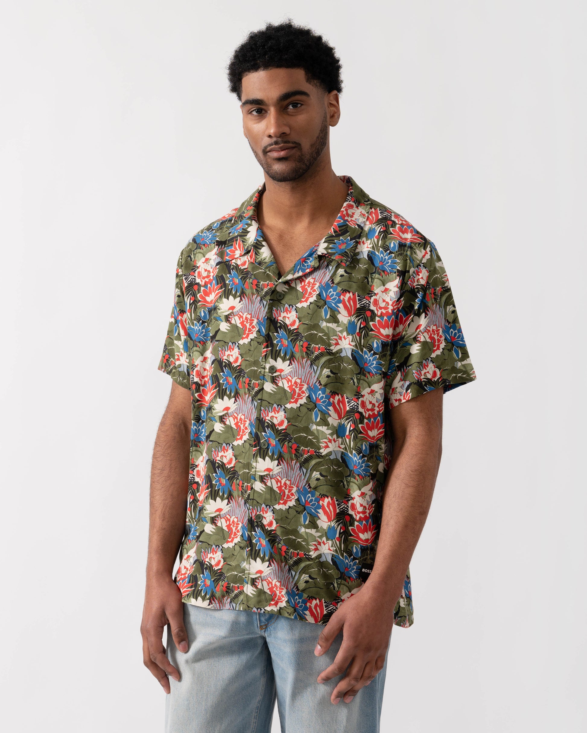 BOSS Orange Mens Short Sleeve Floral Print Beach Shirt - Open Green 351 | CHO | Designer Mens Shirts