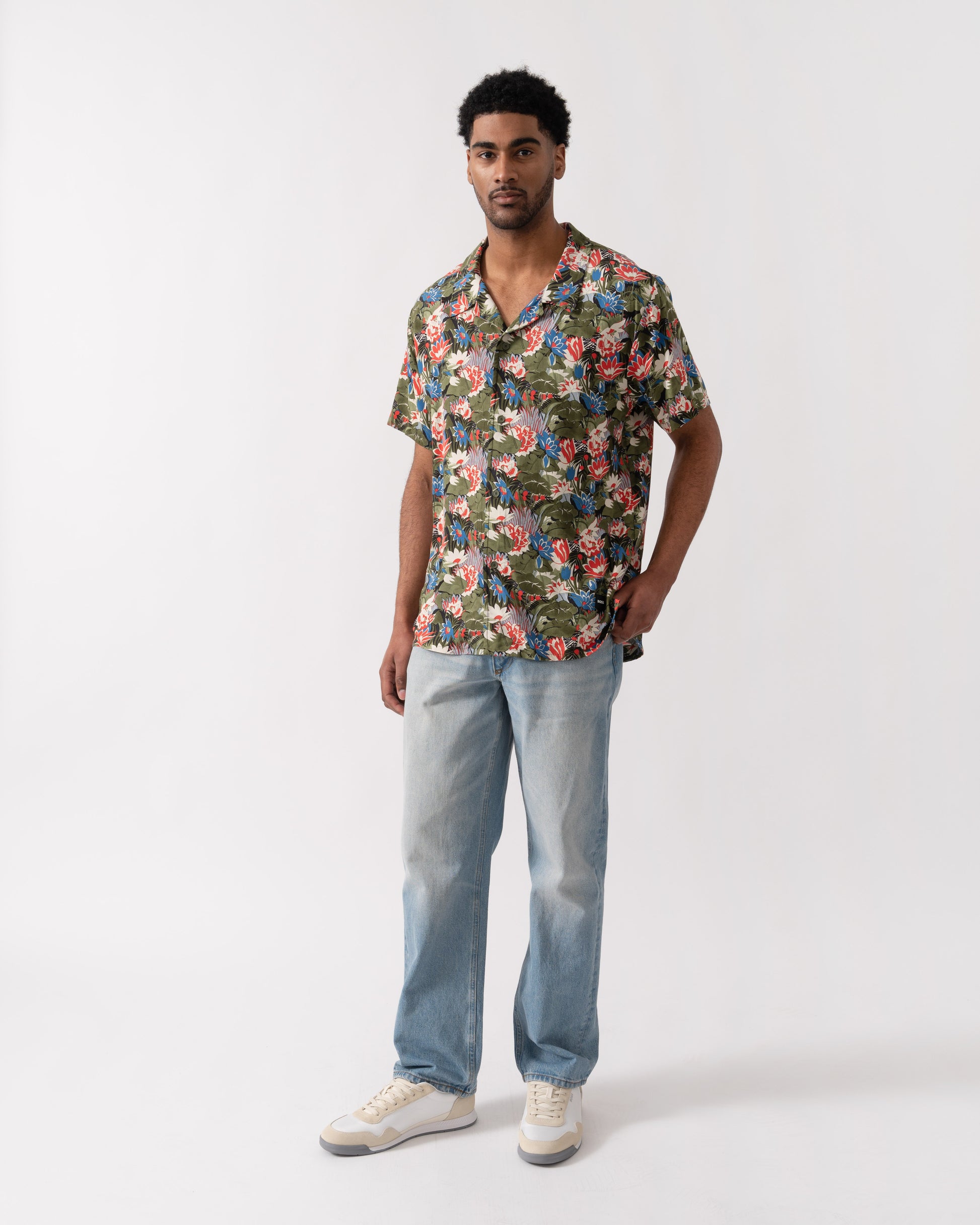 BOSS Orange Mens Short Sleeve Floral Print Beach Shirt - Open Green 351 | CHO | Designer Mens Shirts