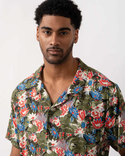 BOSS Orange Mens Short Sleeve Floral Print Beach Shirt - Open Green 351 | CHO | Designer Mens Shirts