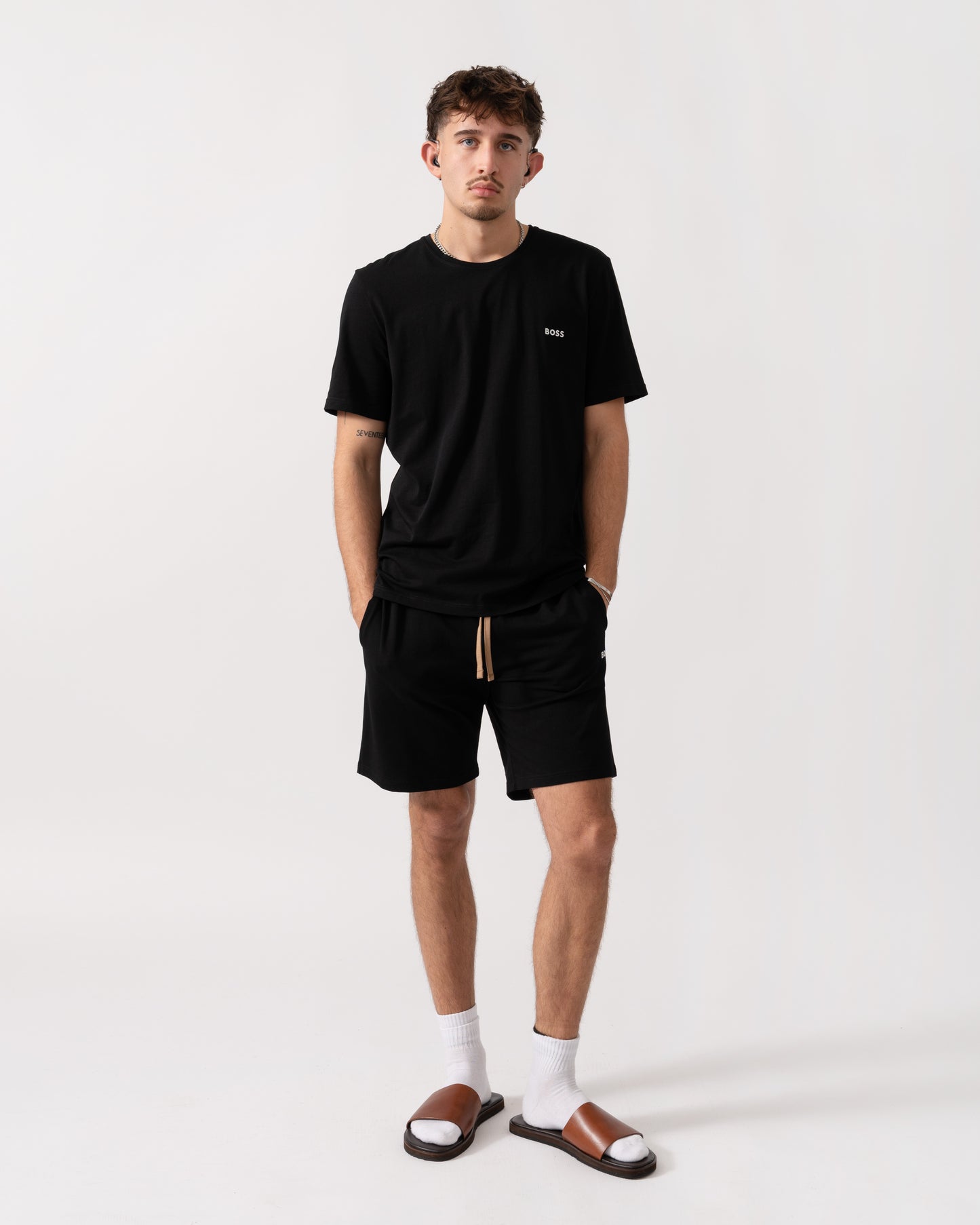 BOSS Orange Mix & Match Mens Loungewear T-Shirt with Embroidered Logo - Black 001 full length