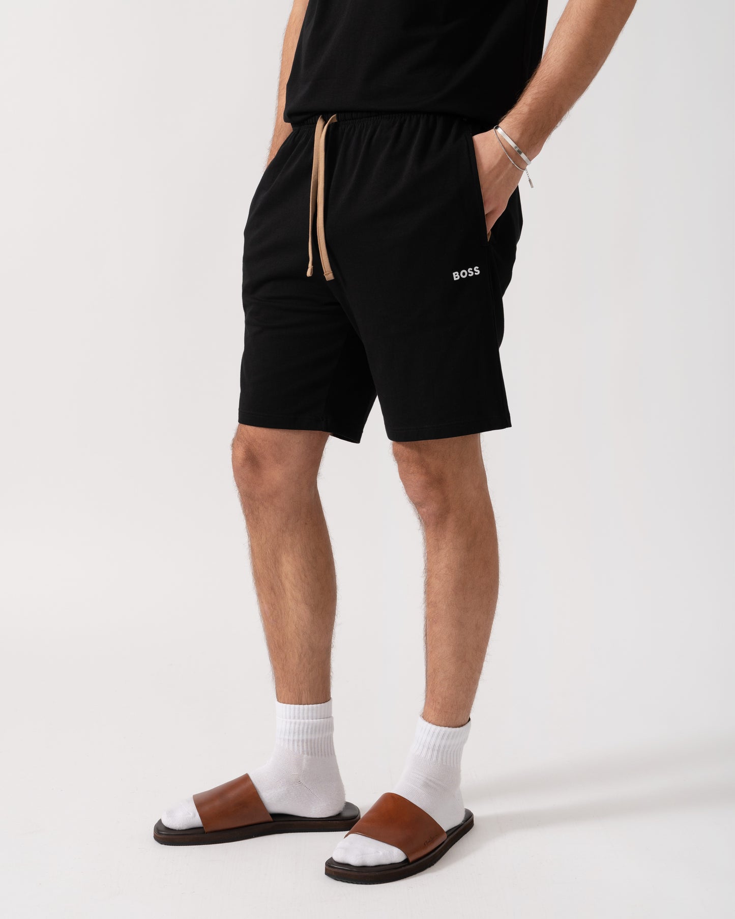 BOSS Orange Mix & Match Stretch-Cotton Loungewear Shorts with Embroidered Logo - Black 002 side