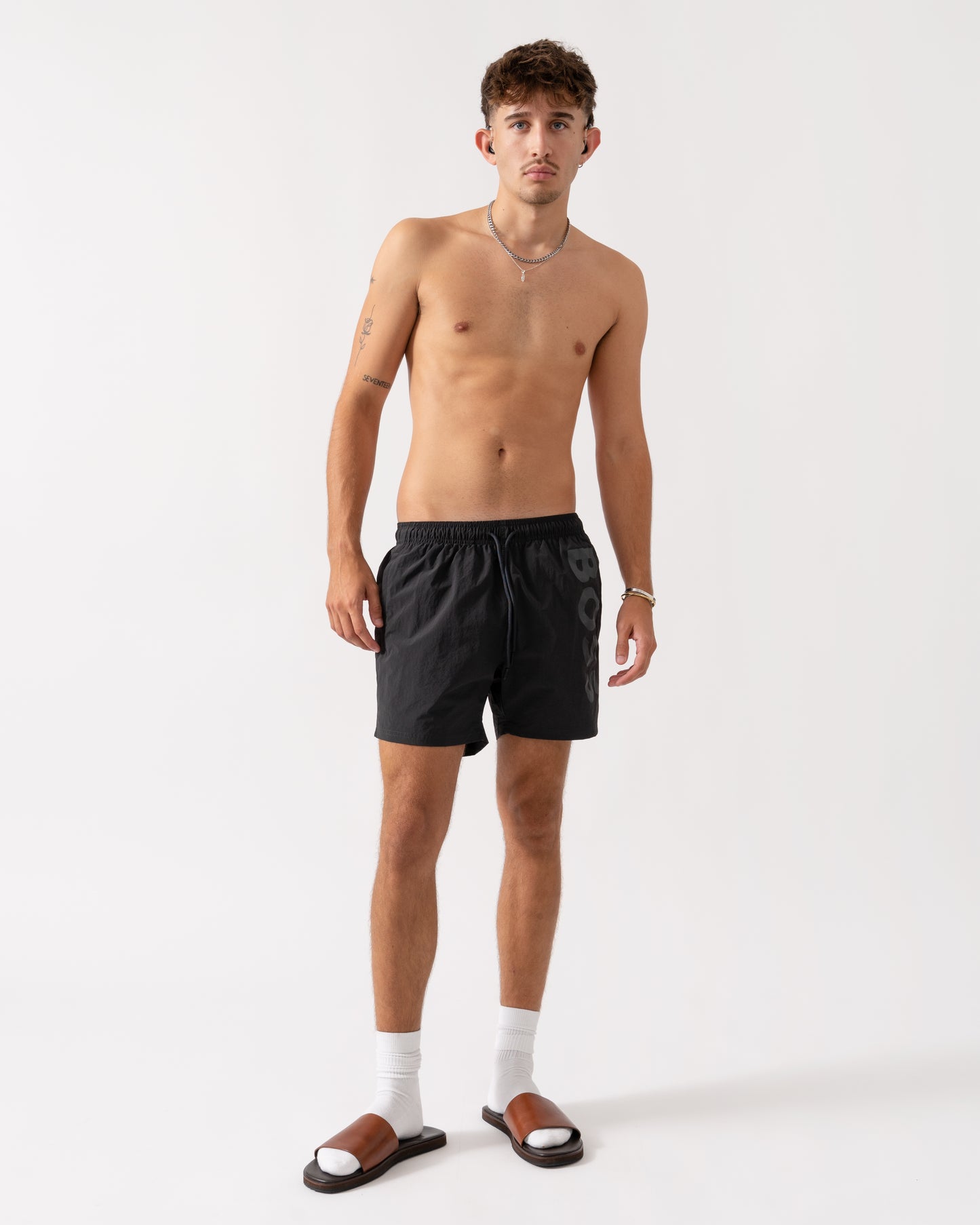 BOSS Orange Octopus Mens Contrast Logo Swim Shorts in Quick-Drying Fabric - Dark Grey 022