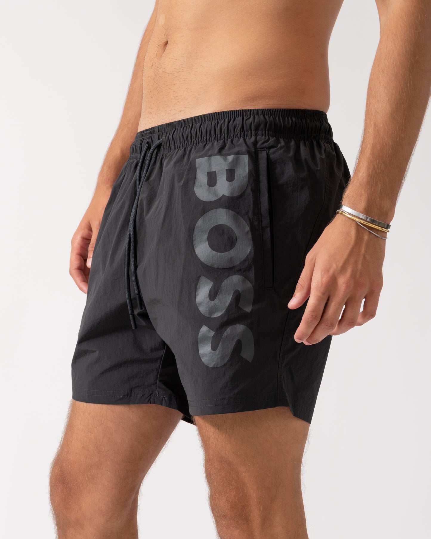 BOSS Orange Octopus Mens Contrast Logo Swim Shorts in Quick-Drying Fabric - Dark Grey 022
