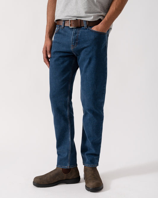 Model wearing BOSS Orange Mens ReMaine Jeans in Dark Blue 409 - Main