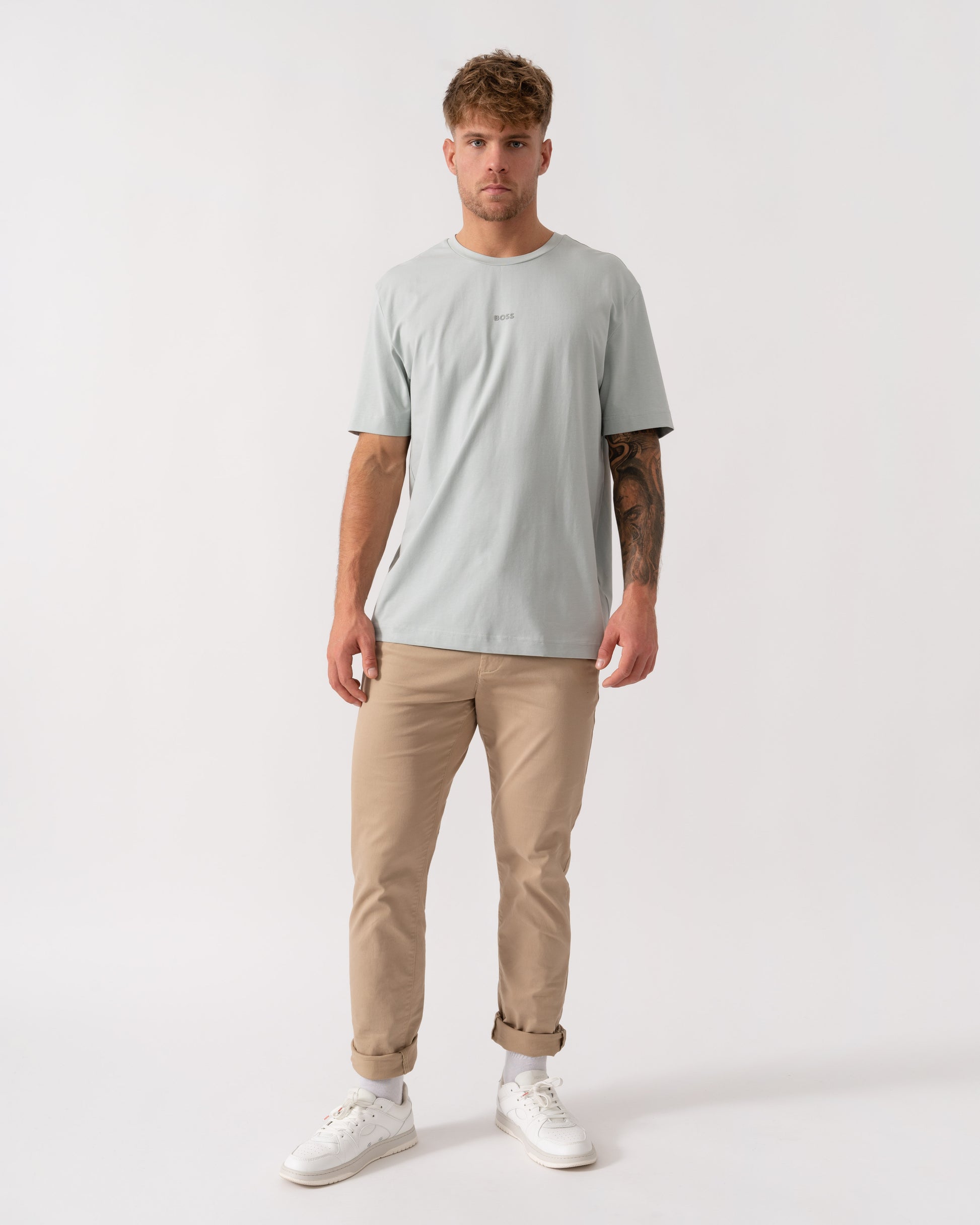 Model wearing BOSS Orange TChup Mens Crew Neck Small Logo T-Shirt in Silver 043 - Full Length