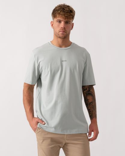 Model wearing BOSS Orange TChup Mens Crew Neck Small Logo T-Shirt in Silver 043 - Main