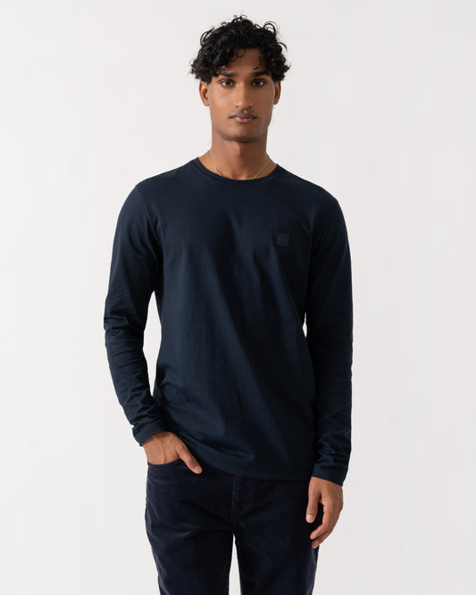 Front of BOSS Orange Tacks Mens Long Sleeve T-Shirt with logo Patch - Dark Blue 404