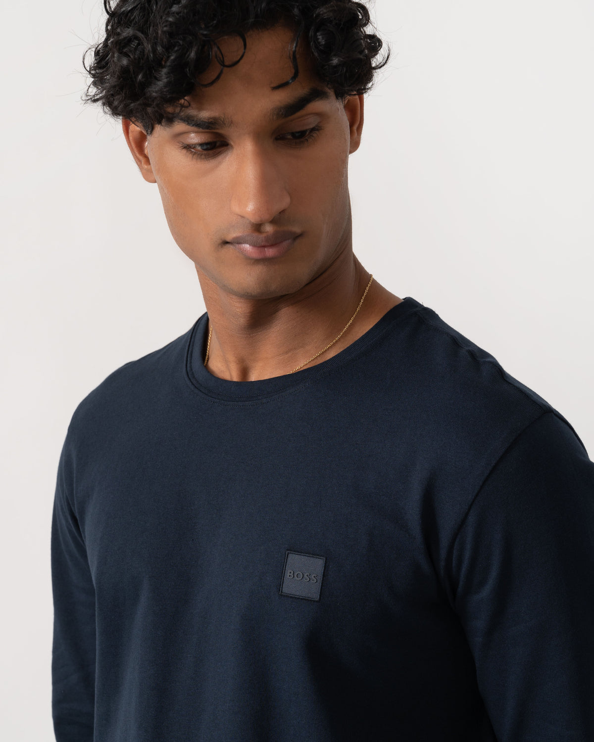Logo shot of BOSS Orange Tacks Mens Long Sleeve T-Shirt with logo Patch - Dark Blue 404